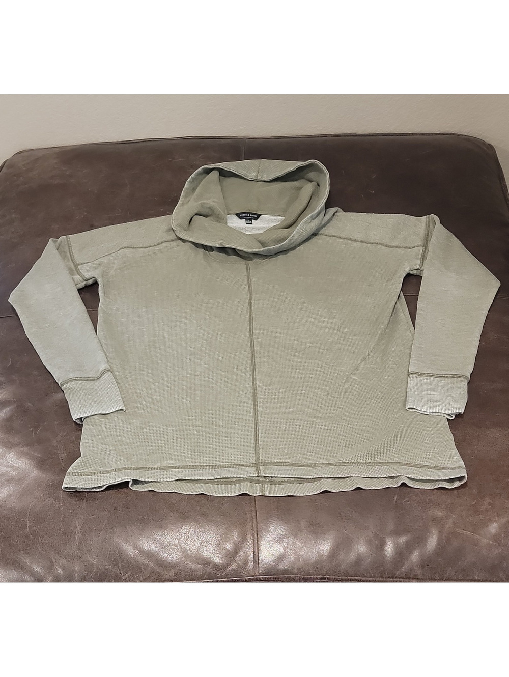 Lucky Brand Cowl Neck Waffle Knit Thermal Pullover Womens M Green Tunic Top 396